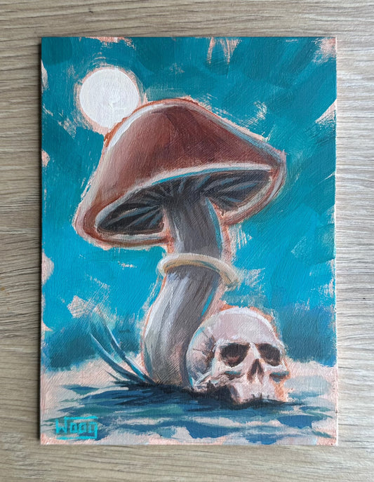 Acrylic painting of a mushroom and skull
