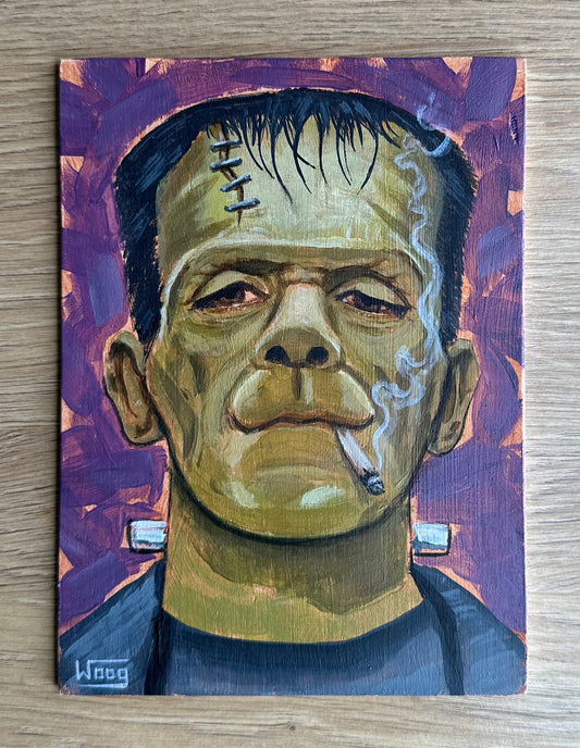 Acrylic painting of Frankenstein smoking a joint