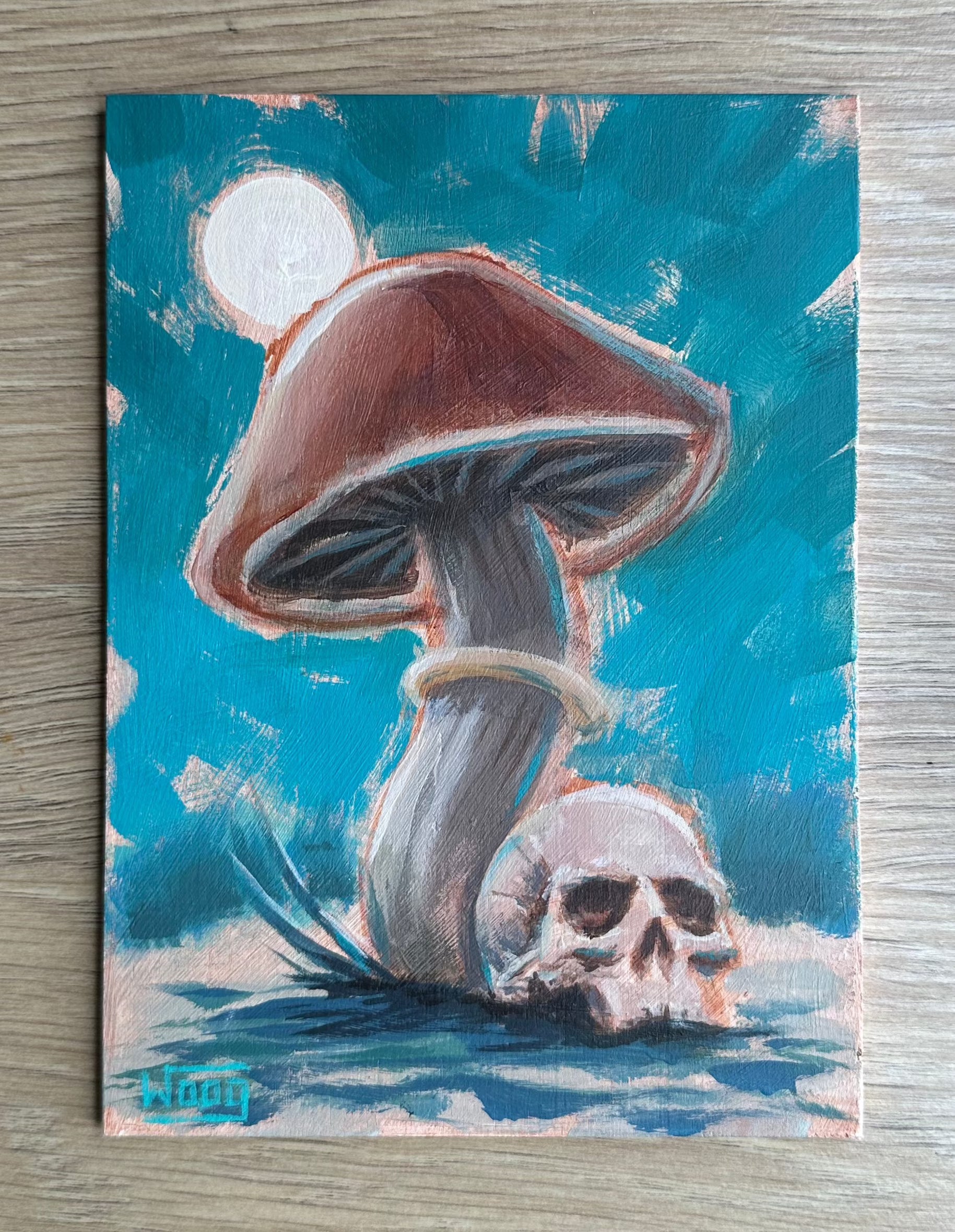 Acrylic painting of a mushroom and skull